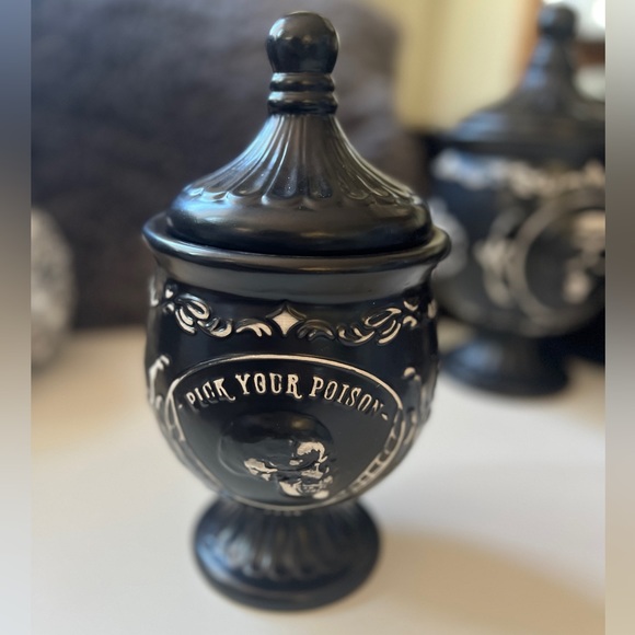 NWT Ceramic Apothecary Jar Embossed Ornate Skull Design “Pick Your Poison” 9.5” - Picture 4 of 15